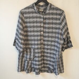 Niche Nilgun Derman Grey Plaid Button Up High Low Lagenlook Tunic Pocket Large